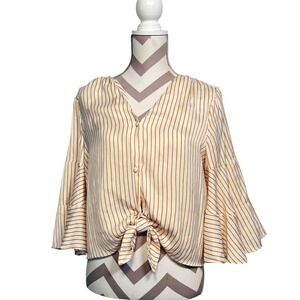 Lauren Conrad Striped‎ Tie Front Shirt, Gold White Top, Bell Sleeve, Size Large